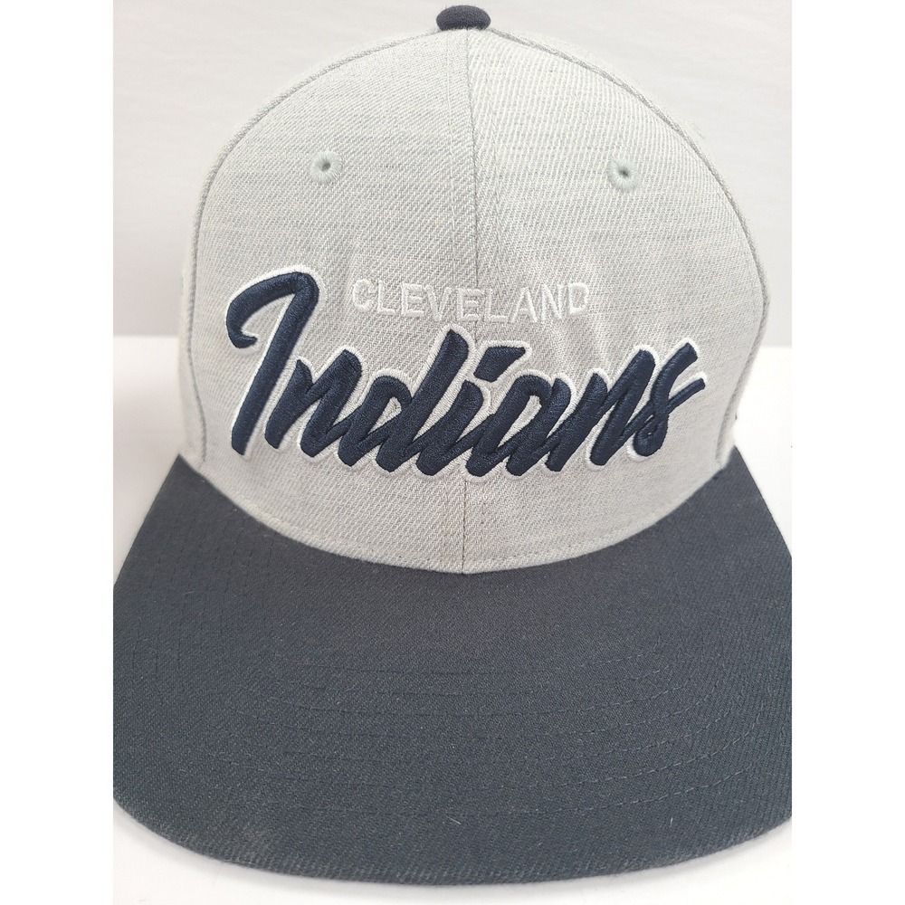 47 Brand Cleveland‎ Indians Snapback Hat Gray Navy Blue Script Logo OSFA MLB Cap